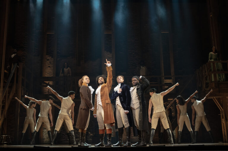 (3) (l-r) Nathan Haydel, Tyler Fauntleroy, Jared Howelton, Elvie Ellis, and Company - HAMILTON National Tour - (c) Joan Marcus 2024