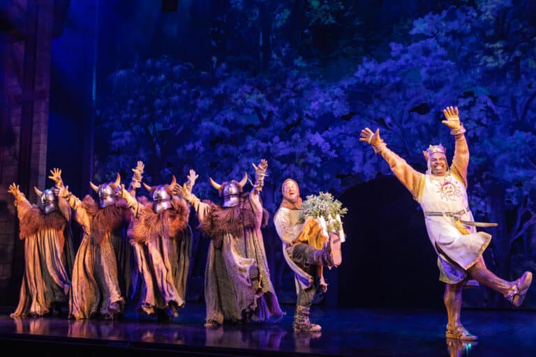 (L-R) Ensemble, Christopher Fitzgerald, James Monroe Iglehart in the Broadway production of SPAMALOT Photo by Matthew Murphy and Evan Zimmerman