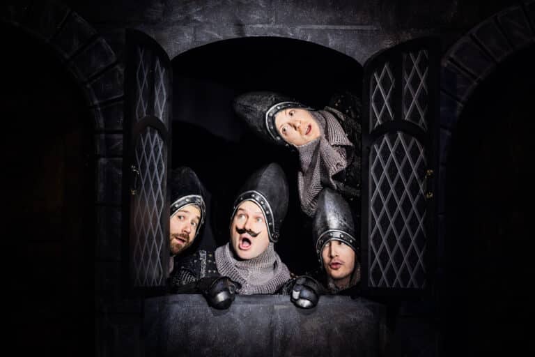 (L-R) Michael Fatica, Taran Killam, Drew Reddington, Ethan Slater in the Broadway production of SPAMALOT. Photo by Matthew Murphy and Evan Zimmerman